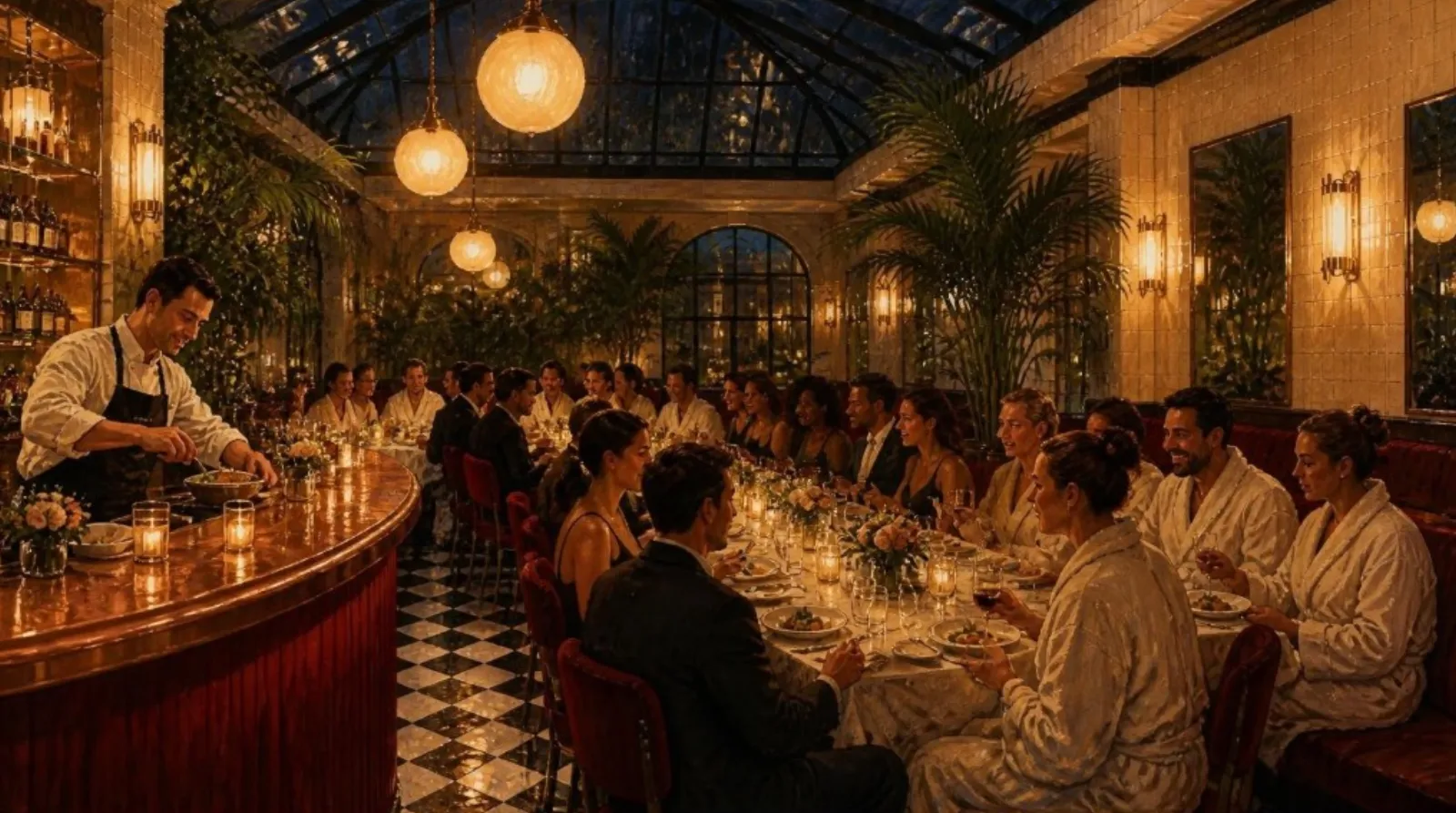 Le Salon le soir, grande table et comptoir