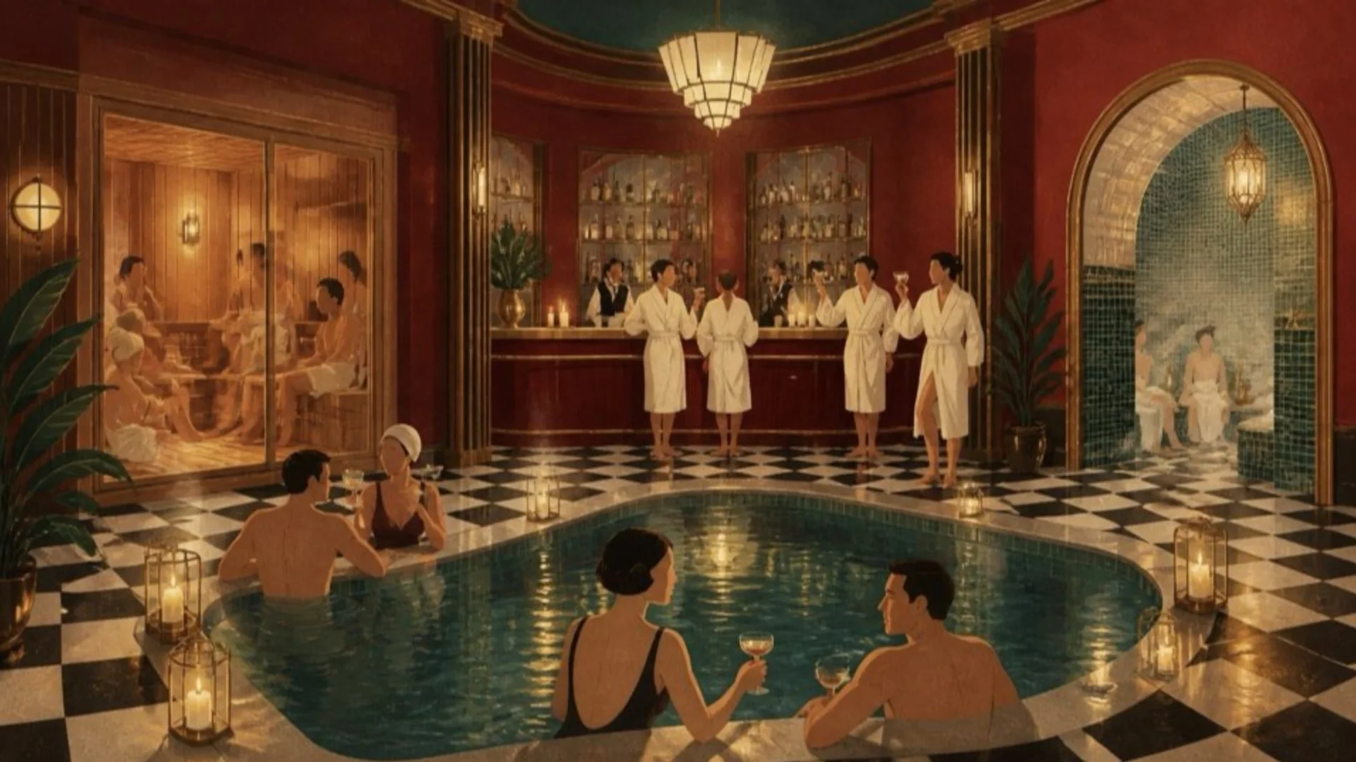 Illustration Art déco : bassin, bar en laque rouge, sauna et hammam, hôtes en peignoir