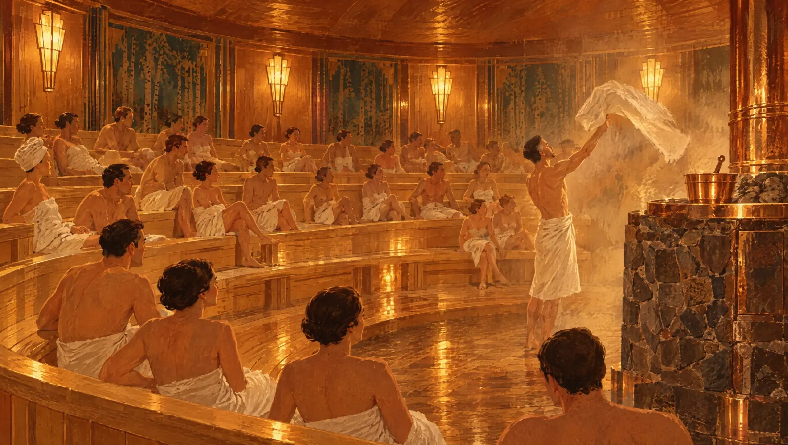 Grand sauna en gradins pendant le rituel